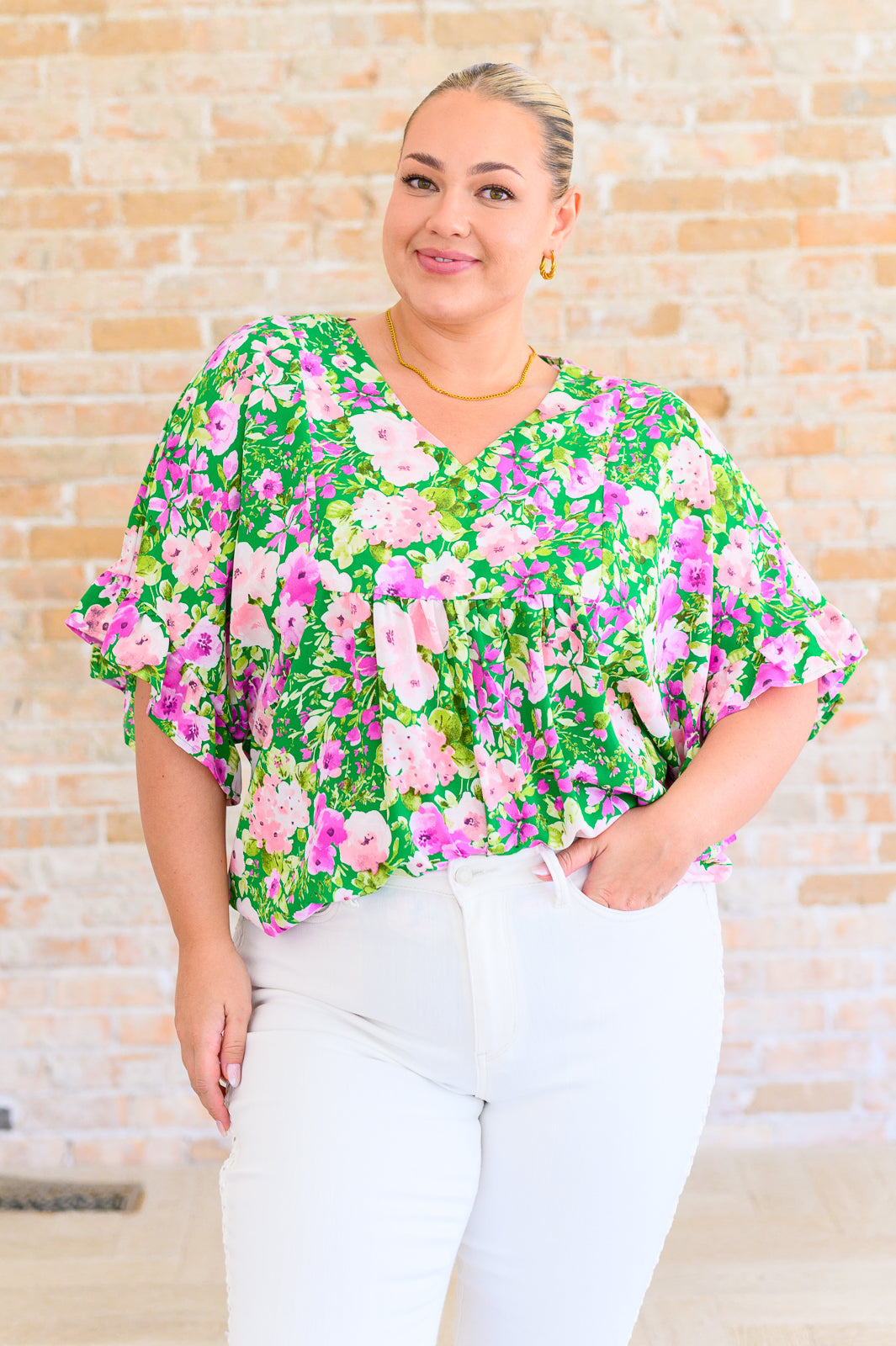 Florence V-Neck Statement Top in Kelly Green - Large Florence V-Neck Statement Top in Kelly Green - Large