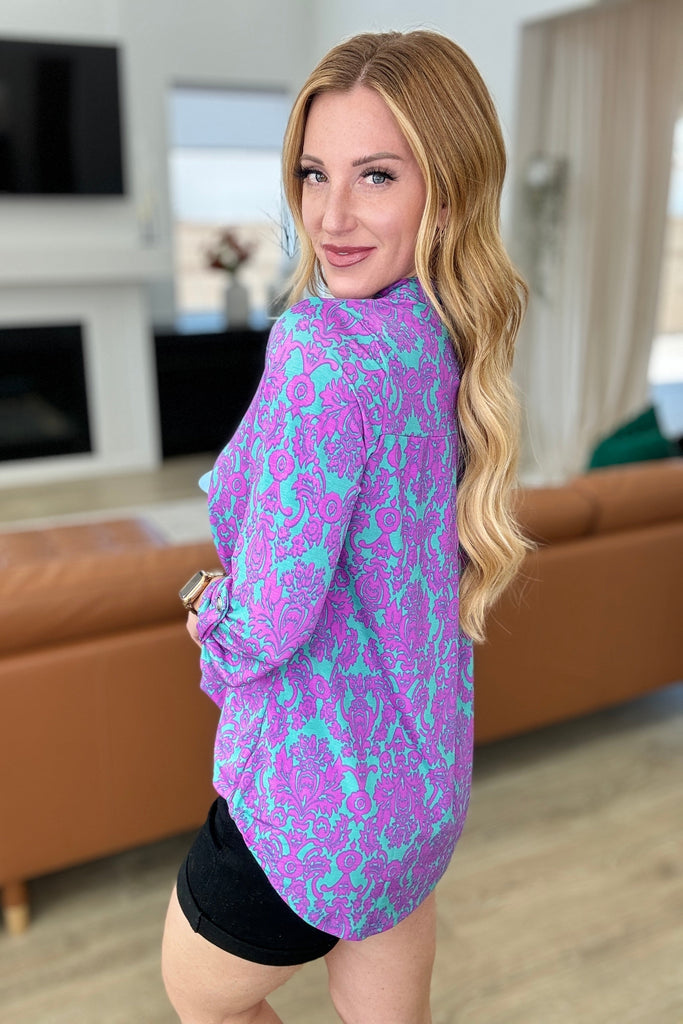 Lizzy Top in Teal & Magenta Damask-Tops-Villari Chic, women's online fashion boutique in Severna, Maryland