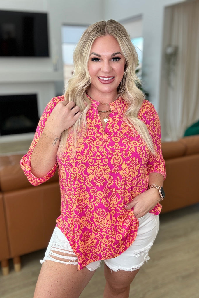Lizzy Top in Hot Pink & Tangerine Damask-Tops-Villari Chic, women's online fashion boutique in Severna, Maryland