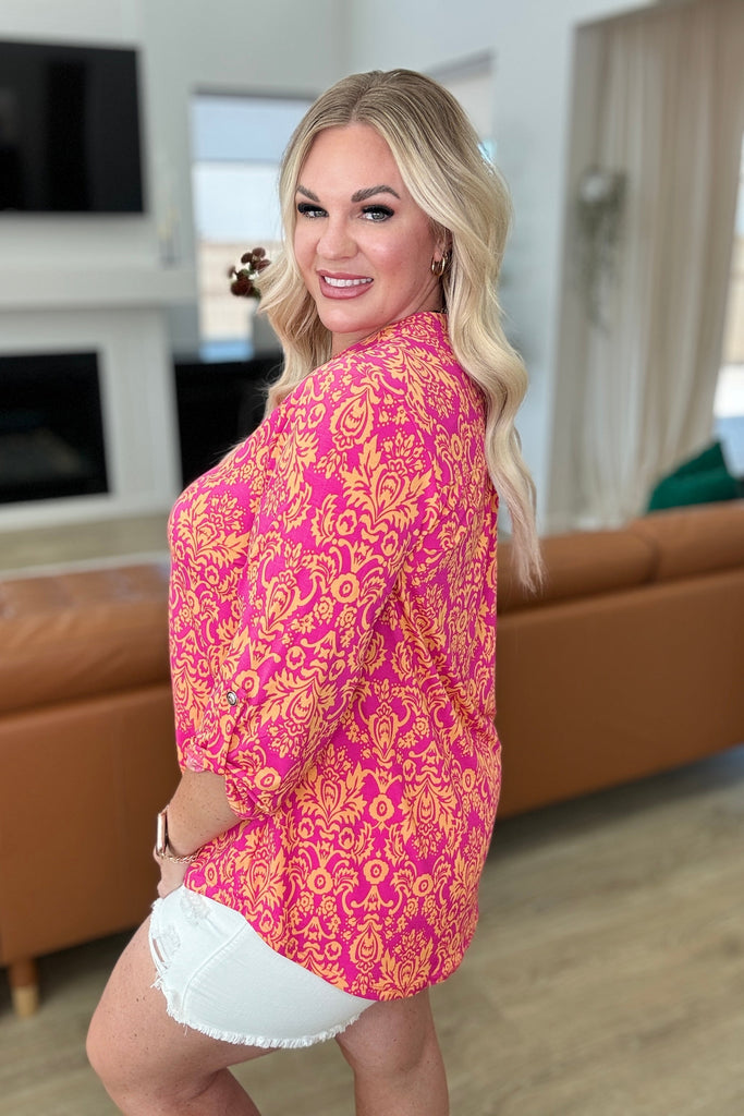 Lizzy Top in Hot Pink & Tangerine Damask-Tops-Villari Chic, women's online fashion boutique in Severna, Maryland