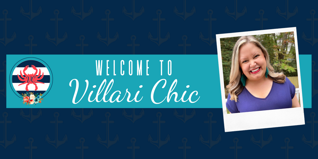 Christina Villari is featured in a polaroid style picture frame and welcomes you to Villari Chic - Villari Chic is a women's online fashion boutique located in Severna, Maryland