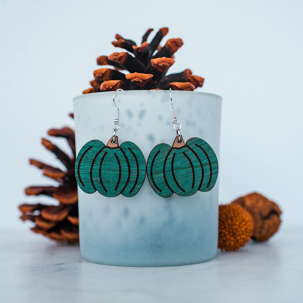 Teal Pumpkin Wooden Dangle Earrings-Villari Chic, women's online fashion boutique in Severna, Maryland