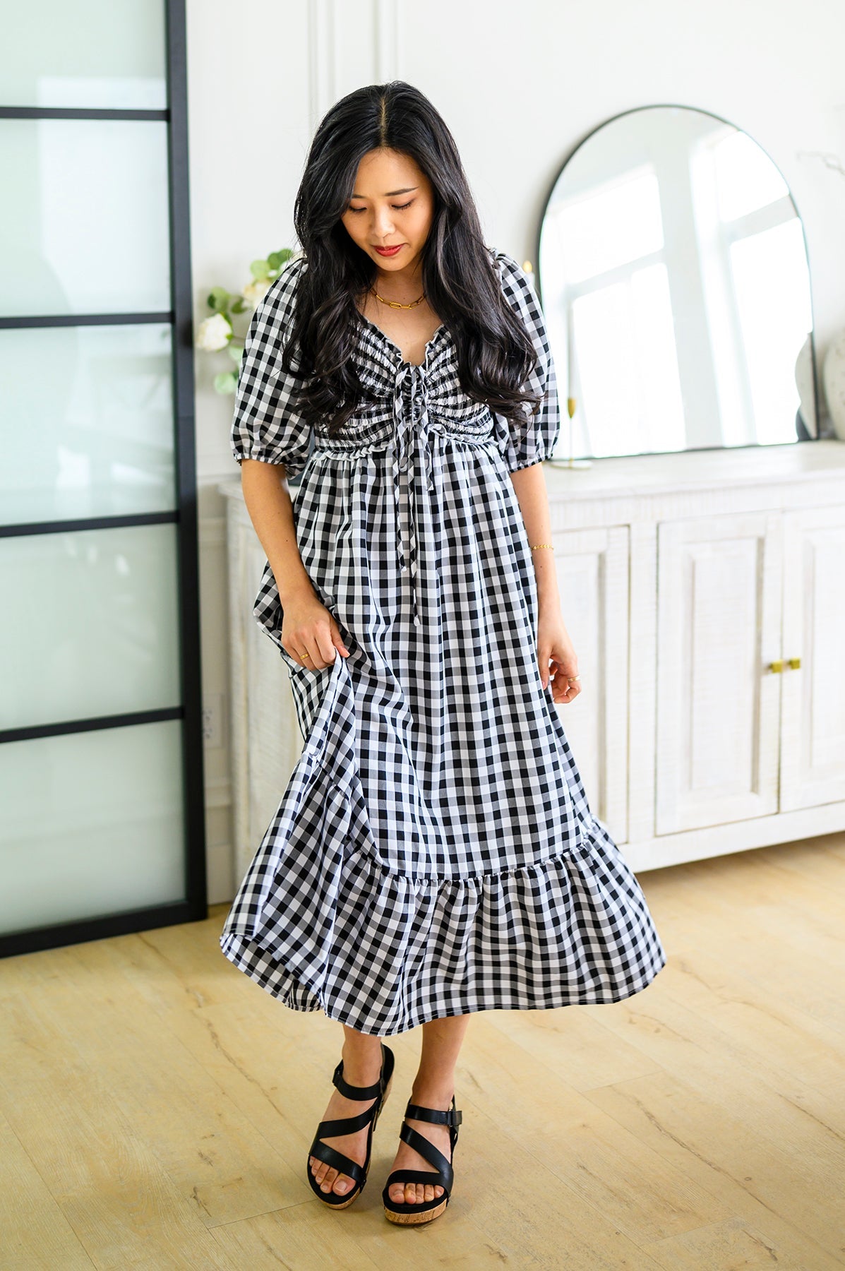 black and white gingham midi dress Black & White Gingham Puff Sleeve Midi Dress FINAL SALE 2XL