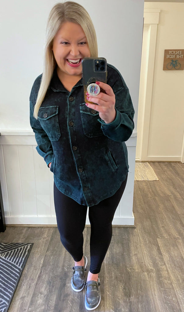 Mineral Washed Shacket in Deep Green-Villari Chic, women's online fashion boutique in Severna, Maryland