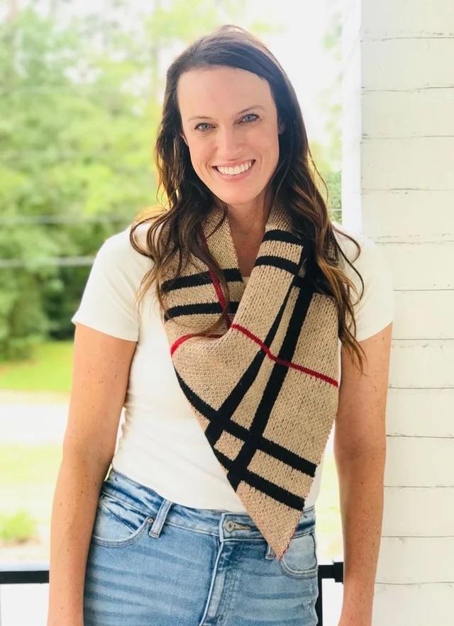 Layne Loop Scarf with Pom Pom Detail in Beige Plaid-Villari Chic, women's online fashion boutique in Severna, Maryland