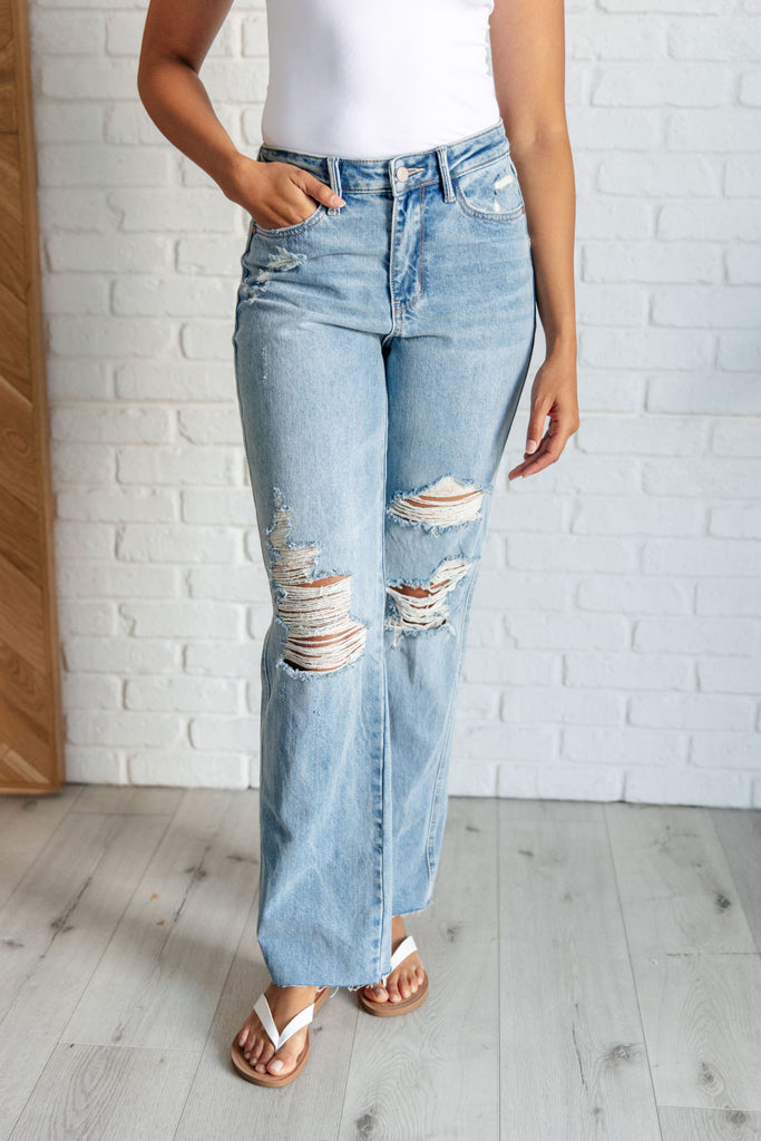 Judy Blue High Rise Rigid Magic Destroyed Straight Jeans-Denim-Villari Chic, women's online fashion boutique in Severna, Maryland
