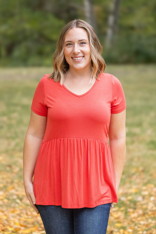 Sarah Ruffle Short Sleeve - Deep Coral-Tops-Villari Chic, women's online fashion boutique in Severna, Maryland