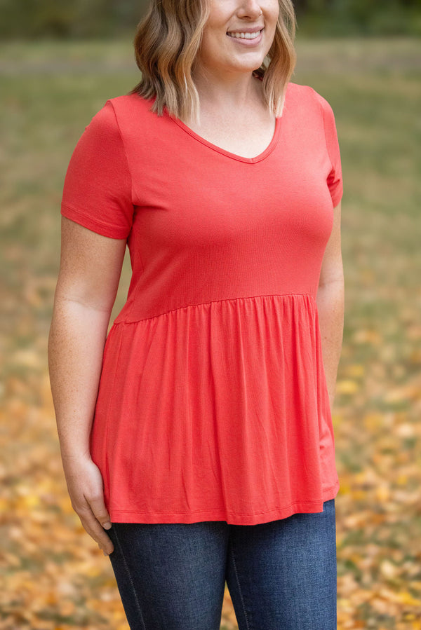 Sarah Ruffle Short Sleeve - Deep Coral-Tops-Villari Chic, women's online fashion boutique in Severna, Maryland