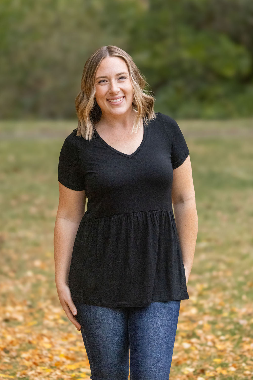 Sarah Ruffle Short Sleeve - Black-Tops-Villari Chic, women's online fashion boutique in Severna, Maryland