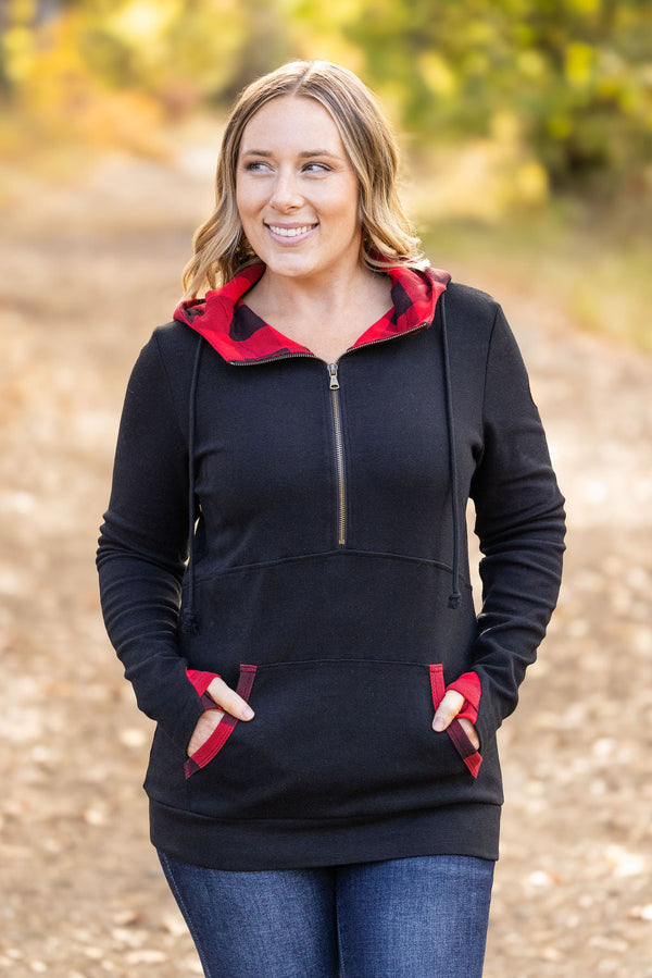 Avery Accent HalfZip Hoodie - Buffalo Plaid-Hoodie-Villari Chic, women's online fashion boutique in Severna, Maryland