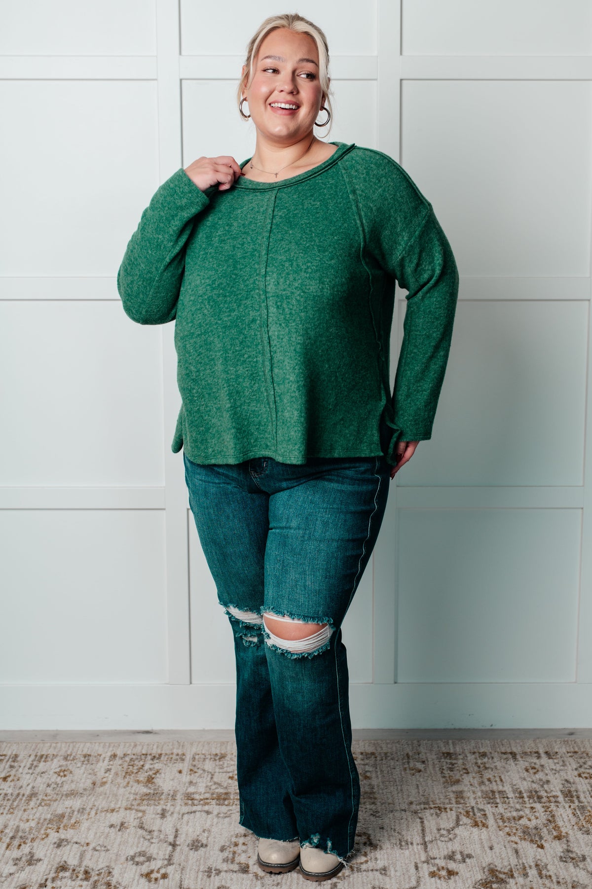 Simple Silhouette Brushed Hacci Sweater in Dark Green-Tops-Villari Chic, women's online fashion boutique in Severna, Maryland