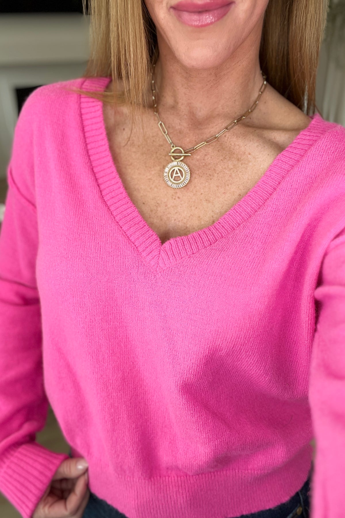 Back to Life V-Neck Sweater in Pink-Tops-Villari Chic, women's online fashion boutique in Severna, Maryland