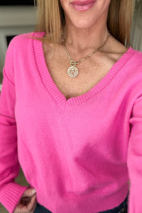 Back to Life V-Neck Sweater in Pink-Tops-Villari Chic, women's online fashion boutique in Severna, Maryland