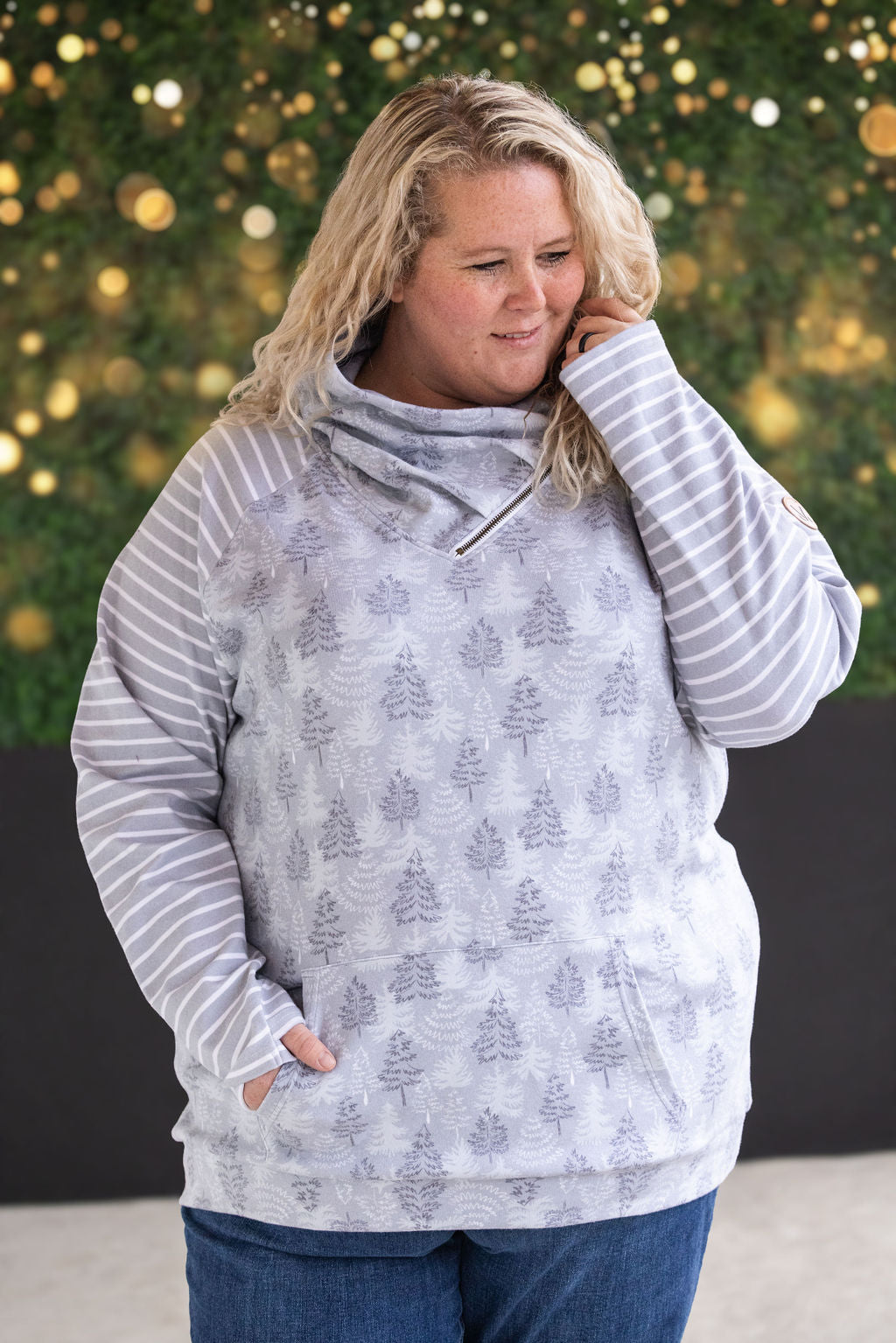 Classic Zoey ZipCowl Sweatshirt - Grey Trees and Stripes-Pullover-Villari Chic, women's online fashion boutique in Severna, Maryland