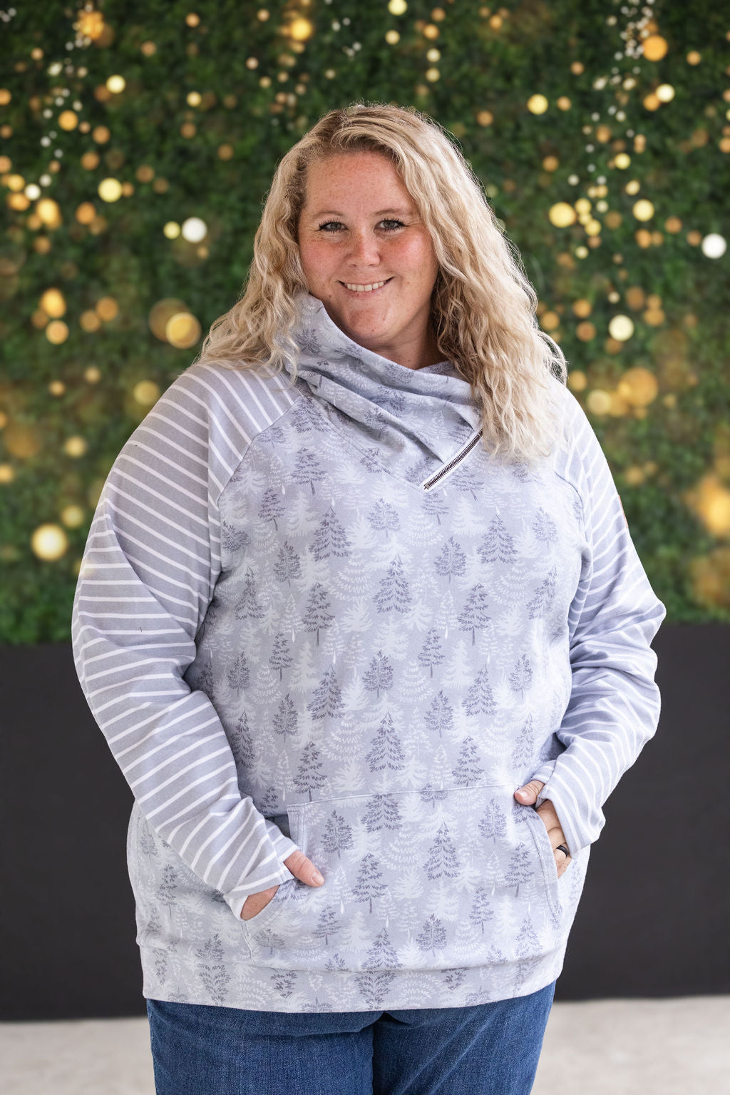 Classic Zoey ZipCowl Sweatshirt - Grey Trees and Stripes-Pullover-Villari Chic, women's online fashion boutique in Severna, Maryland