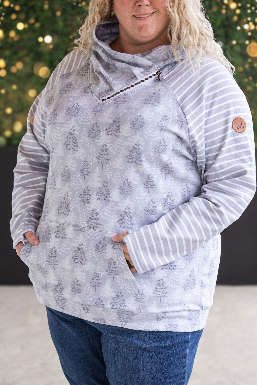 Classic Zoey ZipCowl Sweatshirt - Grey Trees and Stripes-Pullover-Villari Chic, women's online fashion boutique in Severna, Maryland