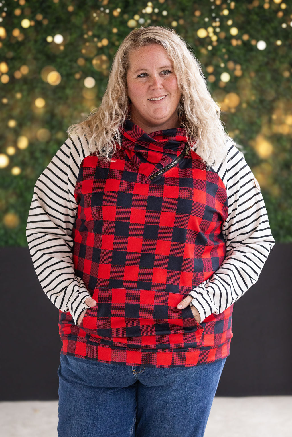 Zoey ZipCowl - Buffalo Plaid and Oatmeal Stripes-clothing-Villari Chic, women's online fashion boutique in Severna, Maryland