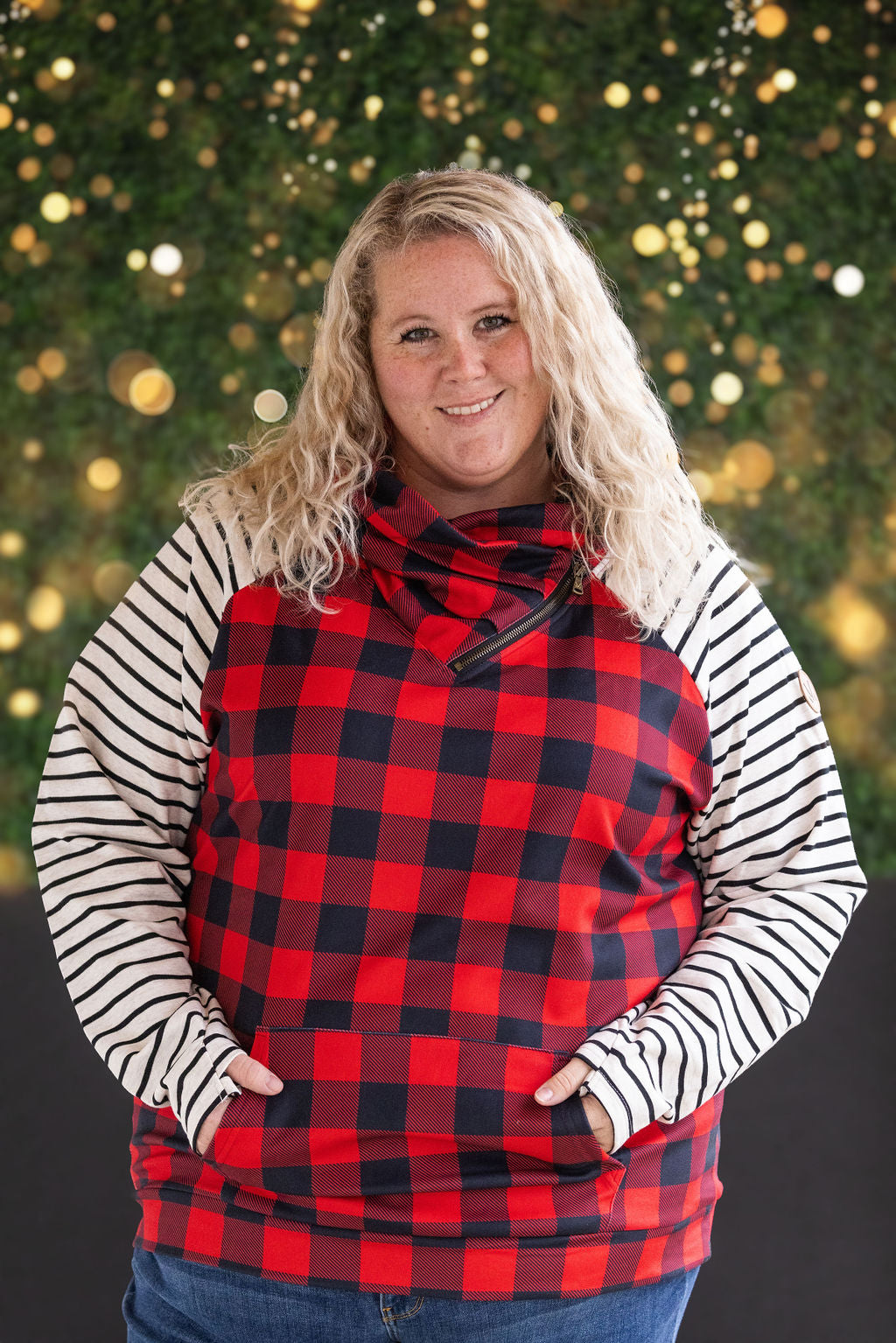 Zoey ZipCowl - Buffalo Plaid and Oatmeal Stripes-clothing-Villari Chic, women's online fashion boutique in Severna, Maryland