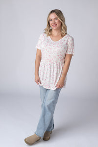 Sarah Ruffle Short Sleeve - Pretty in Pink Floral-Tops-Villari Chic, women's online fashion boutique in Severna, Maryland