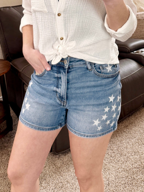 Judy Blue High Rise Slim Short with Star Splatter-Villari Chic, women's online fashion boutique in Severna, Maryland