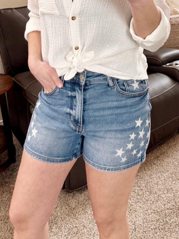 Judy Blue High Rise Slim Short with Star Splatter-Villari Chic, women's online fashion boutique in Severna, Maryland