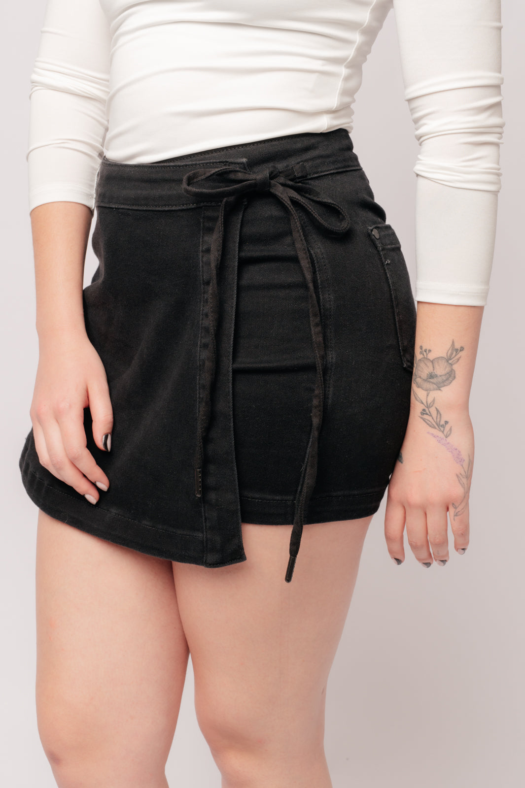 Judy Blue High Rise Side Tie Denim Skort in Black-Denim-Villari Chic, women's online fashion boutique in Severna, Maryland