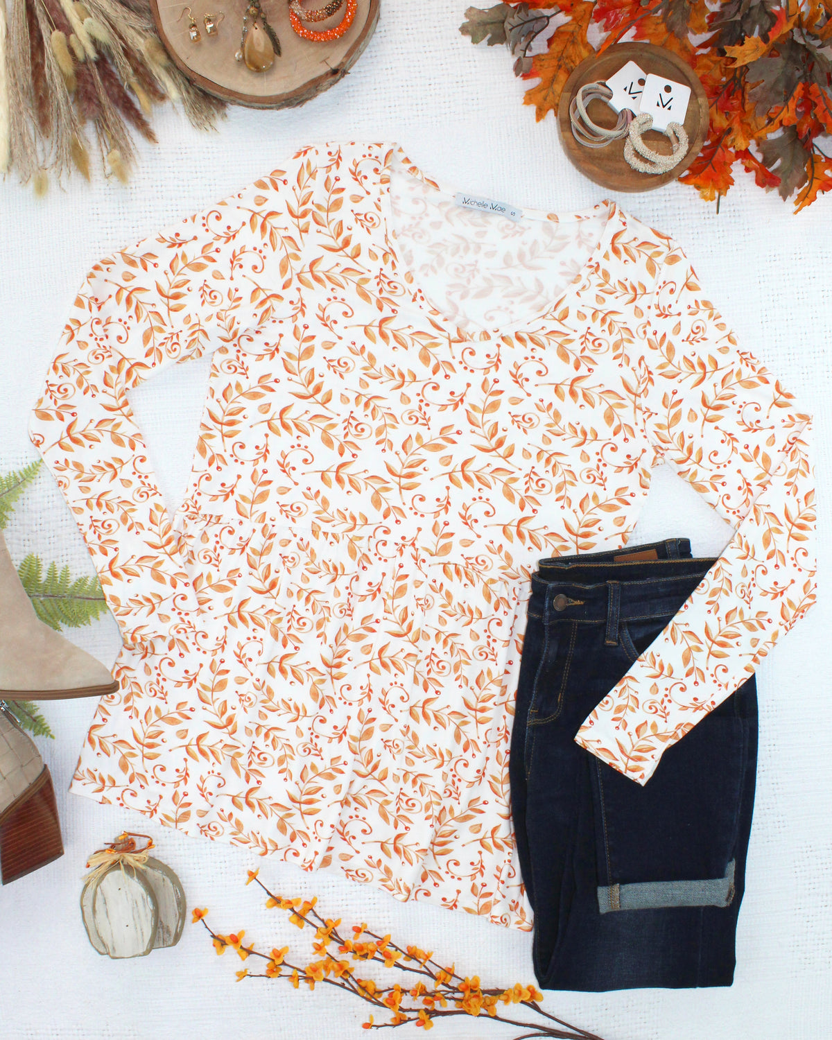 Long Sleeve Sarah Ruffle Top - Autumn Vines-Tops-Villari Chic, women's online fashion boutique in Severna, Maryland