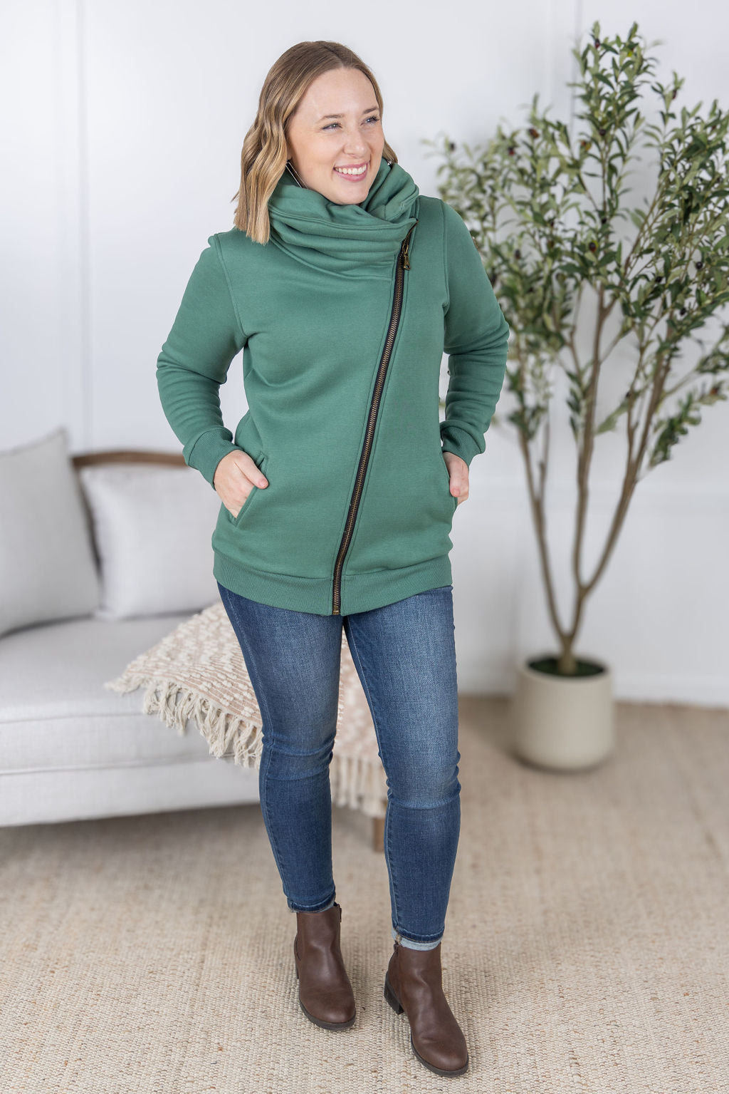 Quinn ZipUp Cowl - Fern-Sweatshirt-Villari Chic, women's online fashion boutique in Severna, Maryland