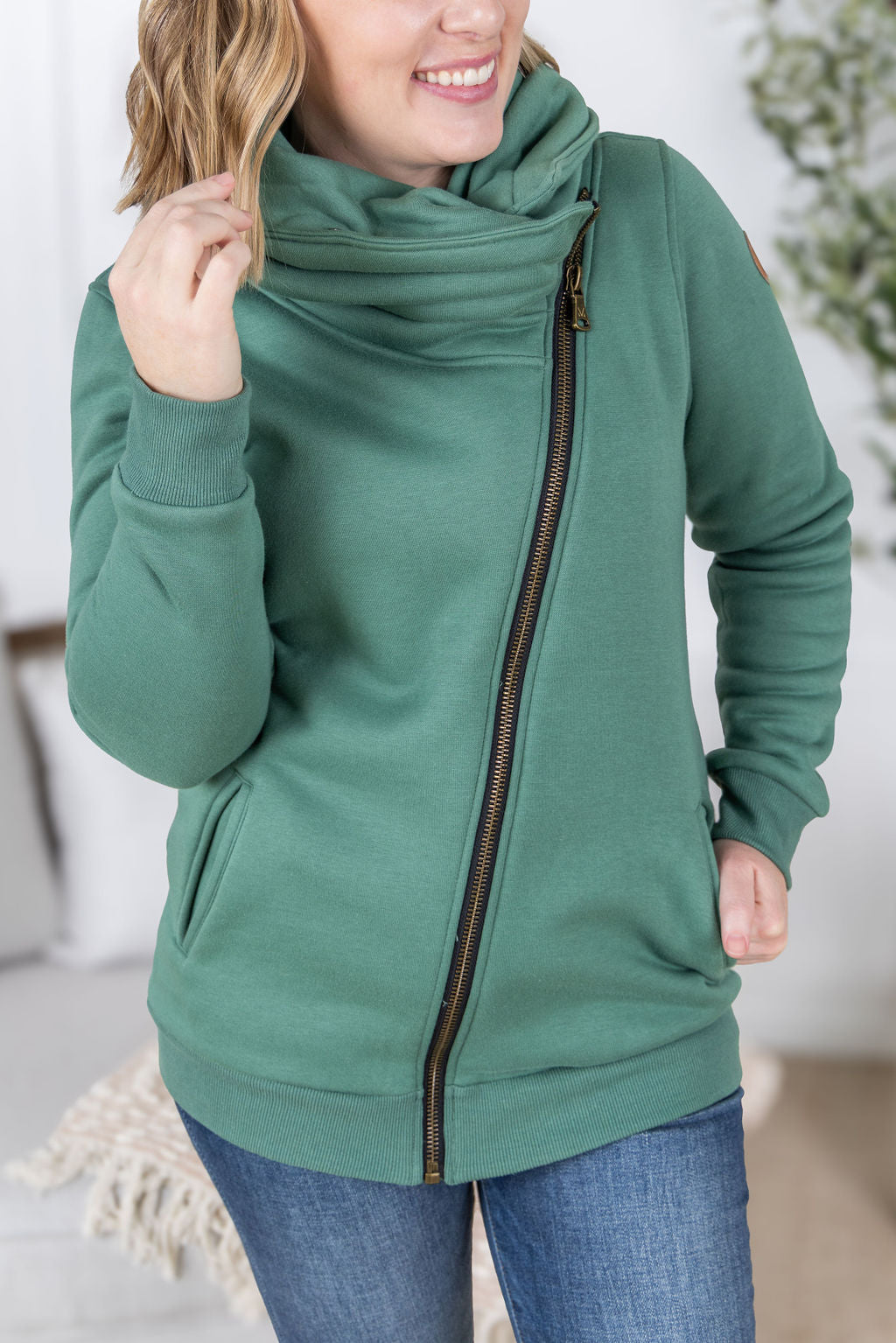 Quinn ZipUp Cowl - Fern-Sweatshirt-Villari Chic, women's online fashion boutique in Severna, Maryland