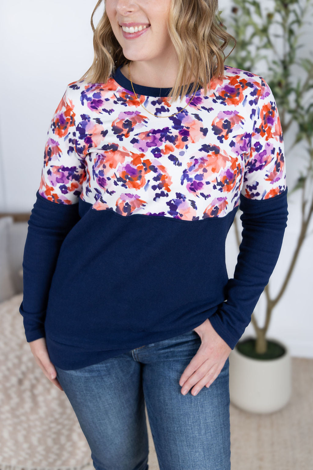 Natalie Pullover - Autumn Purple Abstract and Navy-Pullover-Villari Chic, women's online fashion boutique in Severna, Maryland