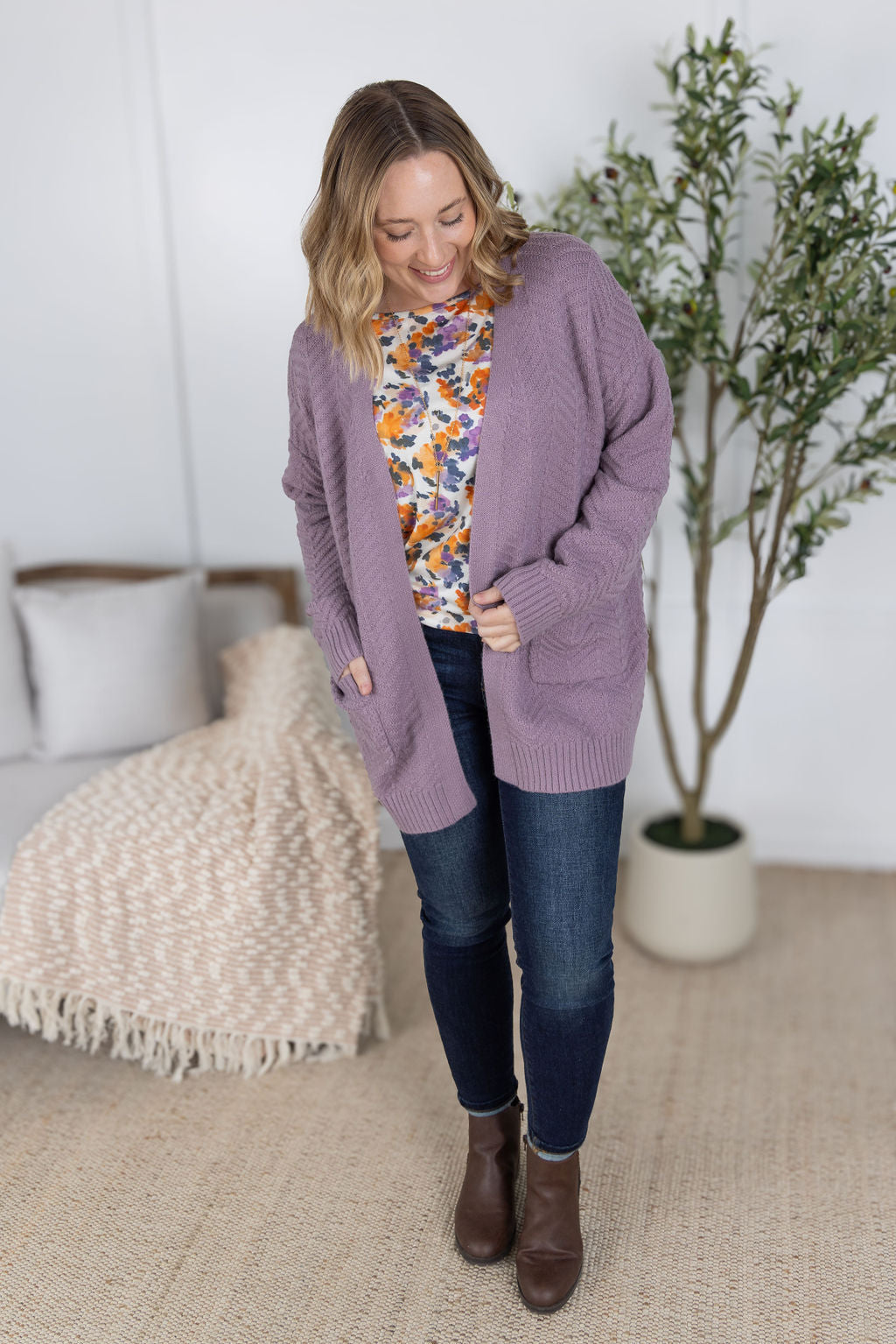 Billie Open Knit Cardigan - Dusty Purple-Cardigan-Villari Chic, women's online fashion boutique in Severna, Maryland