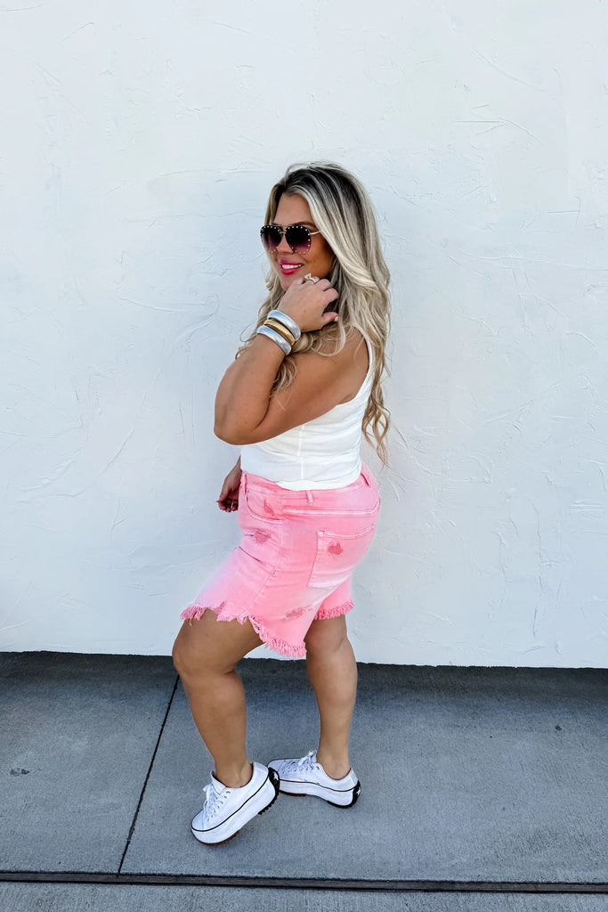 PREORDER: Blakeley Pretty-in-Pink Frayed Hem Shorts-Villari Chic, women's online fashion boutique in Severna, Maryland