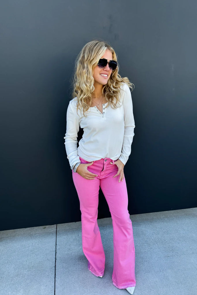 PREORDER: Blakeley Tummy Control Flare Jeans in Pink-Villari Chic, women's online fashion boutique in Severna, Maryland
