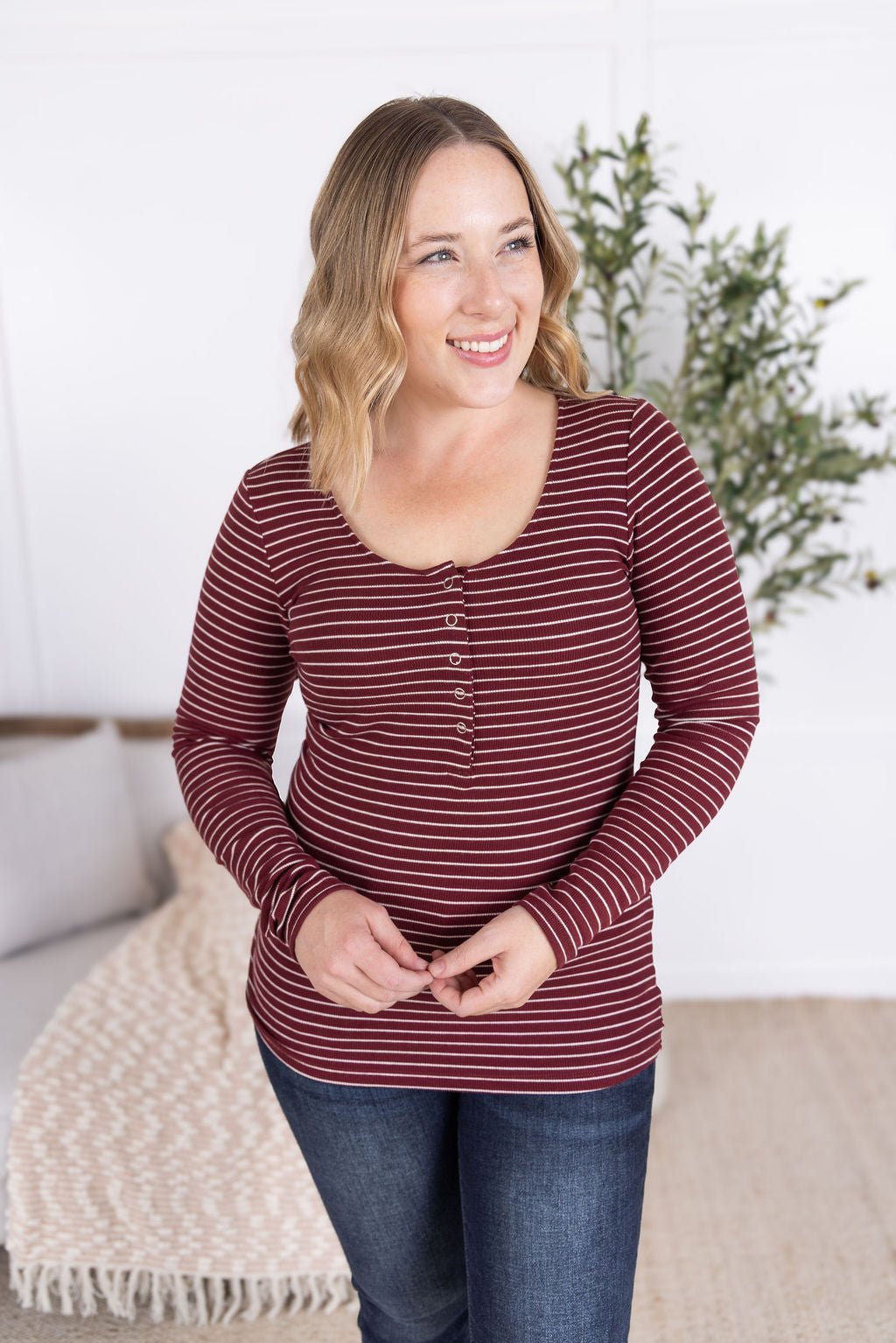 Striped Henley Long Sleeve - Burgundy-Tops-Villari Chic, women's online fashion boutique in Severna, Maryland