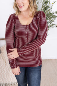Striped Henley Long Sleeve - Burgundy-Tops-Villari Chic, women's online fashion boutique in Severna, Maryland