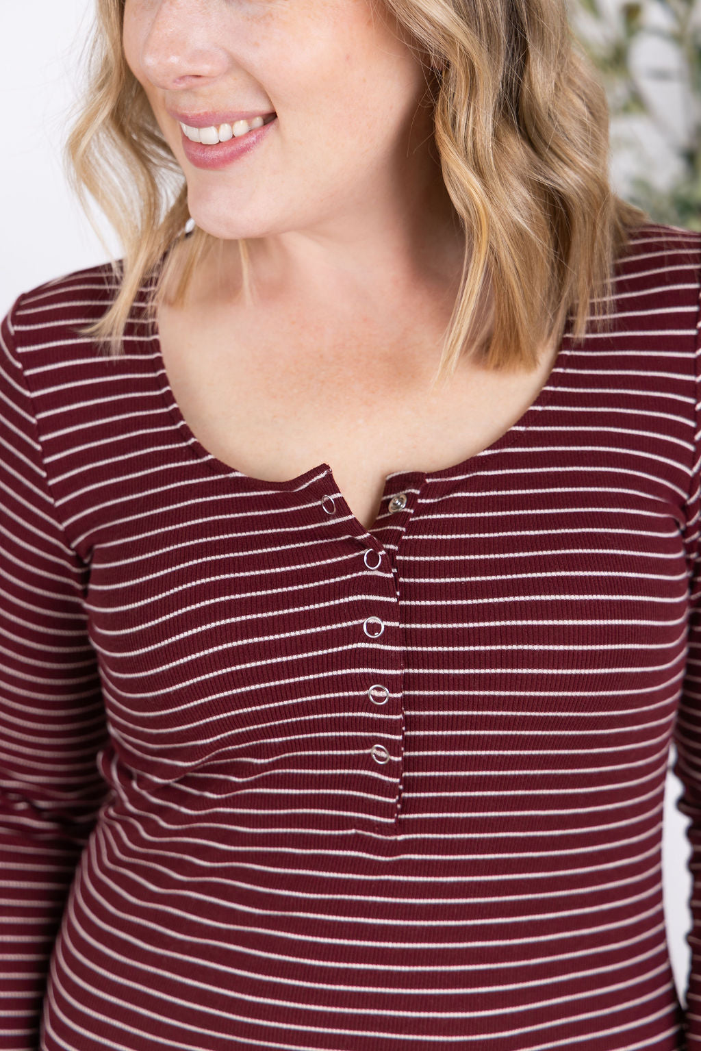 Striped Henley Long Sleeve - Burgundy-Tops-Villari Chic, women's online fashion boutique in Severna, Maryland