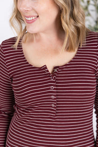 Striped Henley Long Sleeve - Burgundy-Tops-Villari Chic, women's online fashion boutique in Severna, Maryland
