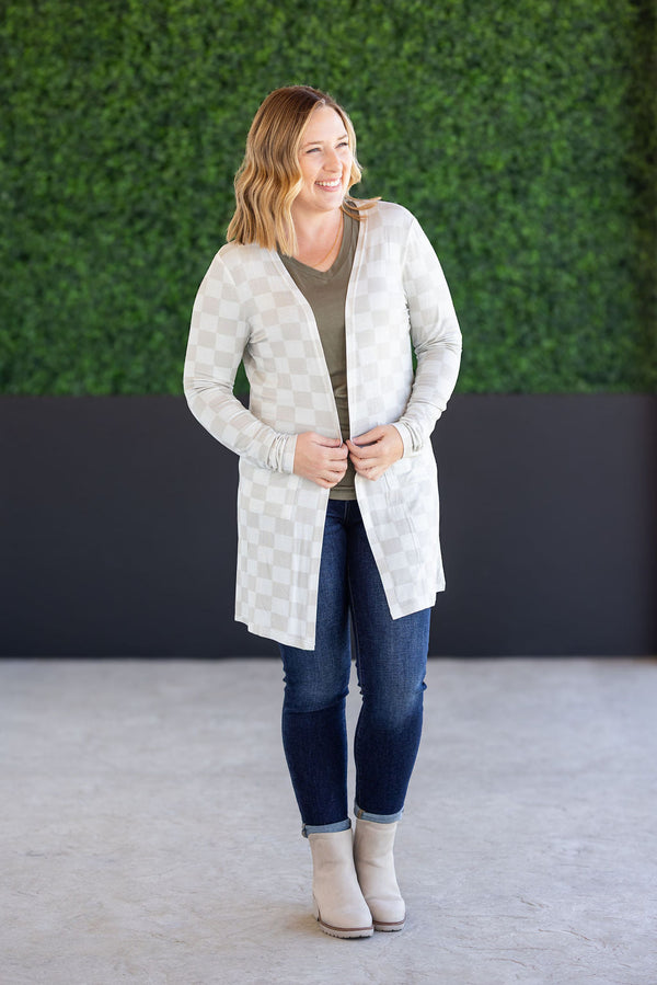 Classic Cardigan - Neutral Checkers-Cardigan-Villari Chic, women's online fashion boutique in Severna, Maryland