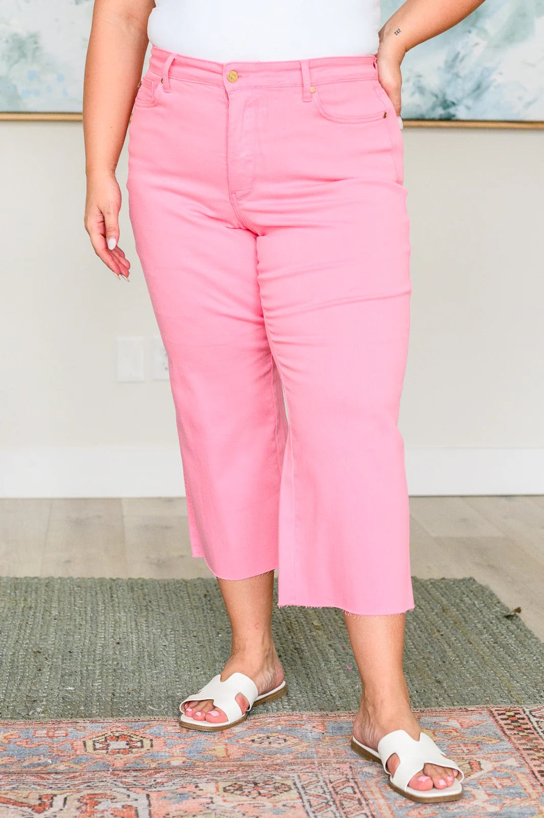 Judy Blue Tummy Control Wide Leg Crop Jeans in Pink-Denim-Villari Chic, women's online fashion boutique in Severna, Maryland