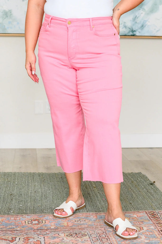 Judy Blue Tummy Control Wide Leg Crop Jeans in Pink-Denim-Villari Chic, women's online fashion boutique in Severna, Maryland