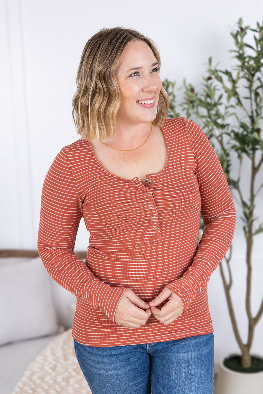 Striped Henley Long Sleeve - Terra Cotta-Tops-Villari Chic, women's online fashion boutique in Severna, Maryland