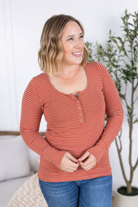 Striped Henley Long Sleeve - Terra Cotta-Tops-Villari Chic, women's online fashion boutique in Severna, Maryland