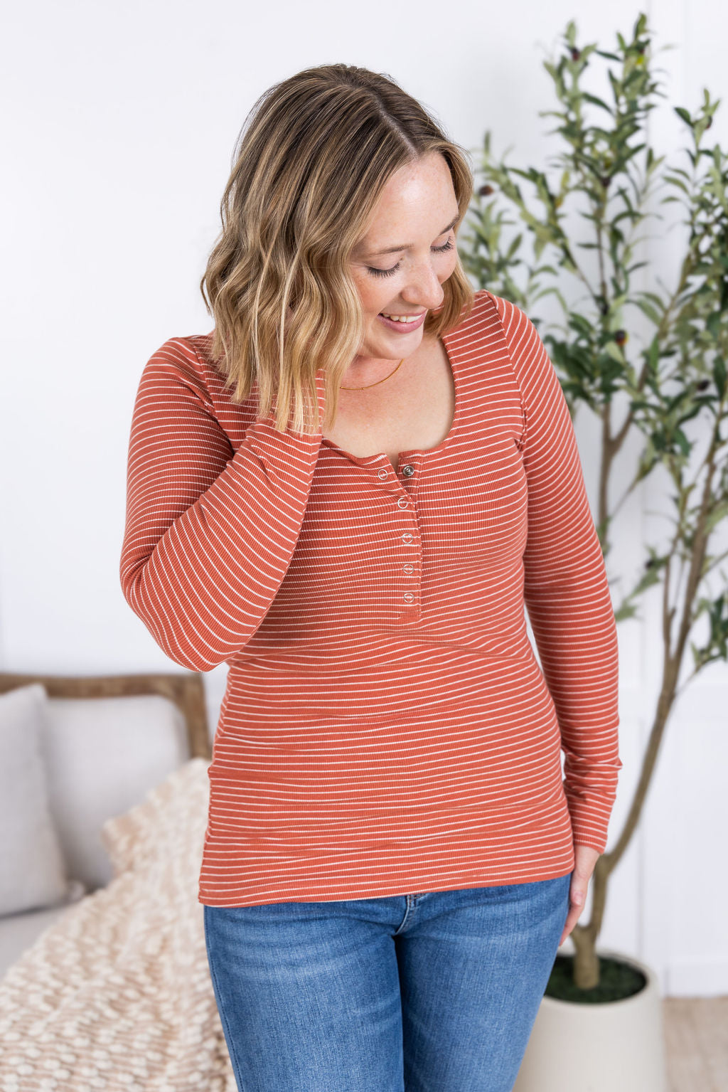 Striped Henley Long Sleeve - Terra Cotta-Tops-Villari Chic, women's online fashion boutique in Severna, Maryland