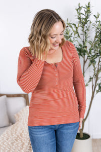 Striped Henley Long Sleeve - Terra Cotta-Tops-Villari Chic, women's online fashion boutique in Severna, Maryland