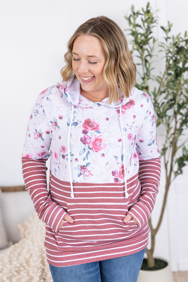 Hailey Pullover Hoodie - Pink Bloom and Stripes-Hoodie-Villari Chic, women's online fashion boutique in Severna, Maryland