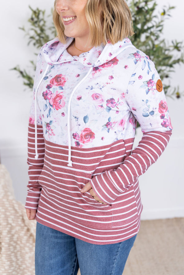 Hailey Pullover Hoodie - Pink Bloom and Stripes-Hoodie-Villari Chic, women's online fashion boutique in Severna, Maryland