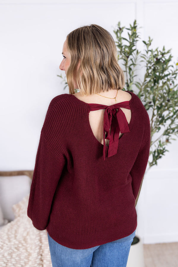 Bethany Bow Knit Sweater - Burgundy-Sweater-Villari Chic, women's online fashion boutique in Severna, Maryland