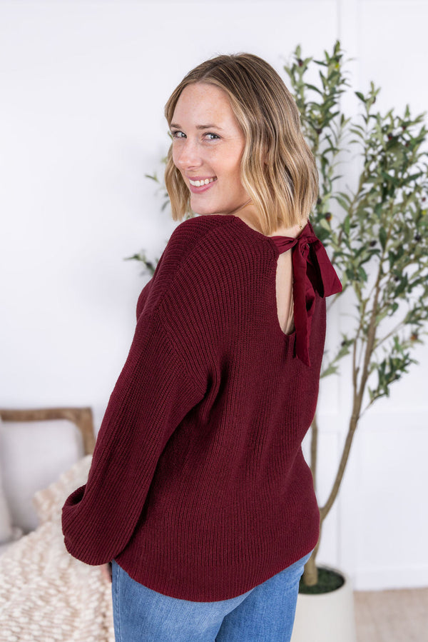 Bethany Bow Knit Sweater - Burgundy-Sweater-Villari Chic, women's online fashion boutique in Severna, Maryland