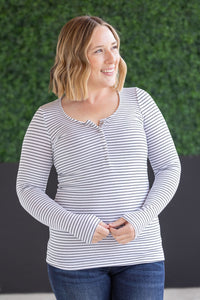 Striped Henley Long Sleeve - White-Tops-Villari Chic, women's online fashion boutique in Severna, Maryland