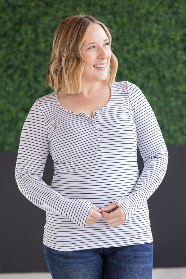 Striped Henley Long Sleeve - White-Tops-Villari Chic, women's online fashion boutique in Severna, Maryland